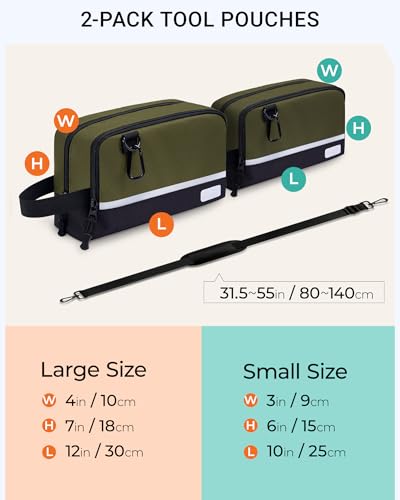 2 Pack Small Tool Bags Zipper Pouch for Organizing, with Adjustable Shoulder Strap & Carabiner, Utility Small Tool Pouch with Multi Pocket Compartments and Label Area (12" & 10") - color: Green 2 Pack