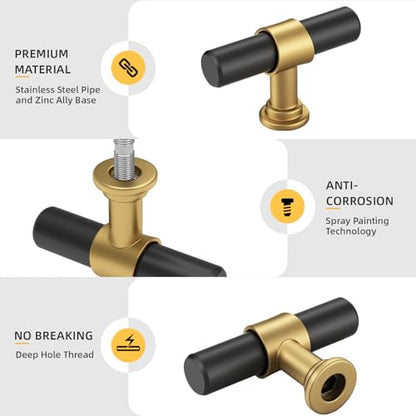 goldenwarm 10 Pack Black and Gold Cabinet Knobs Black Cabinet Knobs Gold Drawer Handles Kitchen Dresser Handles Modern T Bar Hardware for Cupboard Bedroom - color: Black&Gold, size: Knobs