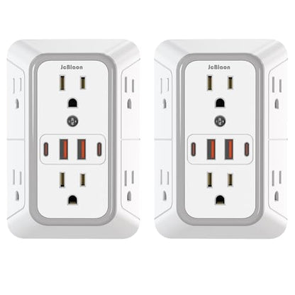 2 Pack Outlet Extender Surge Protector, 6 Outlet Splitter with 4 USB Outlet (2 USB A,2 USB C), 3Sided Power Strip with Adapter Spaced Outlets for Home, Office, Travel(White) - color: White 2PCS