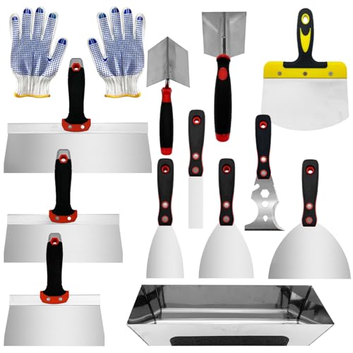 13 Pcs Drywall Knife Set, Putty Knives Kit with Mud Pan, 1”2”4”6” Spackle Knife, 7”8”10”12” Taping Knife, 3” Painter Scraper, Inside & Outside Corner Trowel Hand Tools - size: Drywall Knife Set, 13pcs