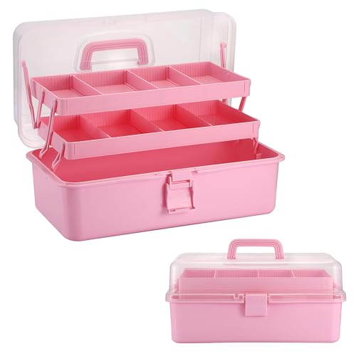 Tackle Box, 16-Inch Extra Large Art Storage Box with 3-Layer Folding Trays, Multipurpose Craft Organizers and Storage w/ Adjustable Dividers, Portable Tool Box for Sewing Supplies,Medicine &Cosmetics - color: Pink