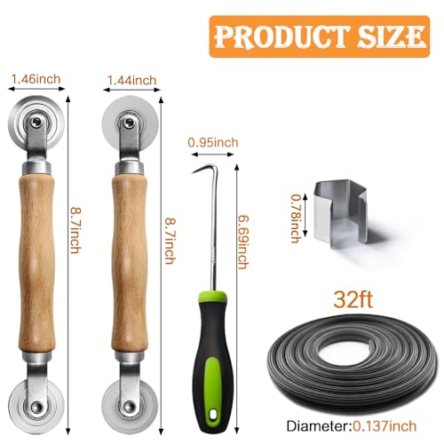 Screen Repair kit, Screen Roller Tool, Steel/Nylon Roller with Bear+10pcs Screen Clips+32ft Screen Spline+Removal Hook, 5 in 1 Window Screen Door Repair Kit,for Installing Door Window Mesh - size: Steel/Nylon Rollers+Spline+Clips+Pick