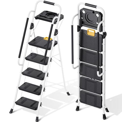 KINGRACK Folding 5-Step Ladder, 800 lbs Capacity Step Stool with Safety Lock, Tool Tray, Non-Skid Wide Steps, Handrail, Household Folding Ladder for Home, Garden, Painting, Outdoor, and Garage, White - size: 5-STEP