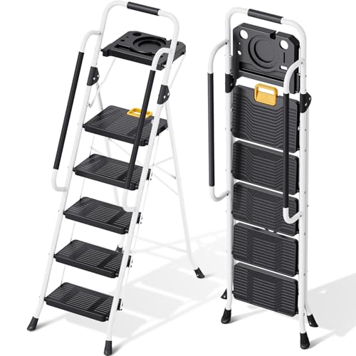 KINGRACK Folding 5-Step Ladder, 800 lbs Capacity Step Stool with Safety Lock, Tool Tray, Non-Skid Wide Steps, Handrail, Household Folding Ladder for Home, Garden, Painting, Outdoor, and Garage, White - size: 5-STEP