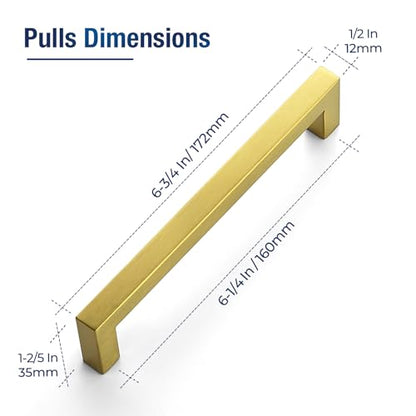 JOY DECOR 2 Pack Cabinet Handles, Gold Cabinet Pulls, 6-1/4 Inch Kitchen Handles Square Drawer Pulls Stainless Steel Drawer Hardware Handles, 160mm Hole Centers - size: 6-1/4 Inch Hole Center
