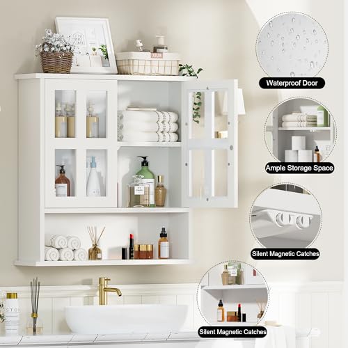 Modern Hanging Bathroom Cabinet, Sturdy Wooden Medicine Cabinet with Buffering Hinge & Anti-Scratch Door, Space-Saving Wall Mounted Over Toilet (Cross-Panel Door) - style: Cross-Panel Door