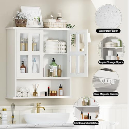 Modern Hanging Bathroom Cabinet, Sturdy Wooden Medicine Cabinet with Buffering Hinge & Anti-Scratch Door, Space-Saving Wall Mounted Over Toilet (Cross-Panel Door) - style: Cross-Panel Door