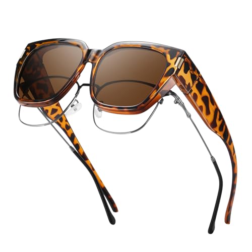 HAOLOTA Polarized Fit Over Glasses Sunglasses for Women Men Trendy Square Wrap Around Shades UV Protection - color: L Size 08 Brown Tortoise/Brown