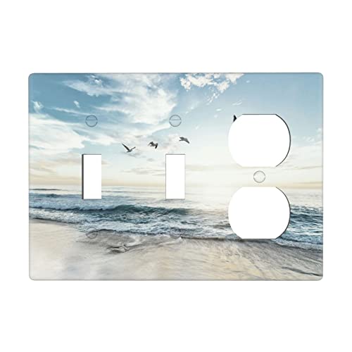 Beach Ocean Scenery Combination Wall Plate, 3 Gang 2 Toggle 1 Duplex Receptacle Outlet Cover Decorative Switch Plate Accessories, 4.50 x 6.38 Inch - color: 2 Toggle 1 Duplex Wall Plate