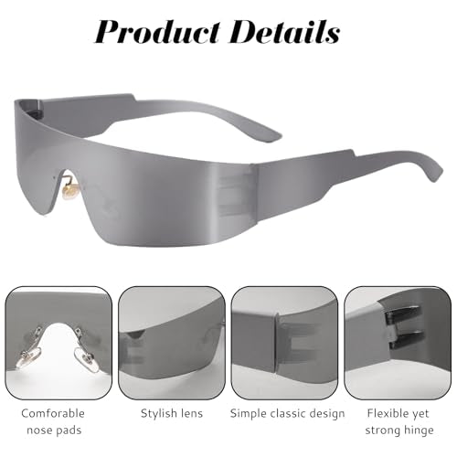 2 Pcs Futuristic Wrap Around Sunglasses Y2K Fashion Trendy Rimless Glasses Punk Eyewear for Women Men - color: Silver+pink