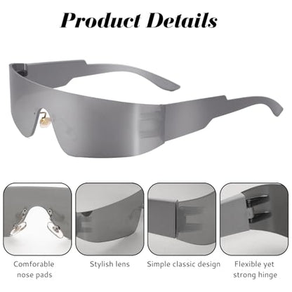 2 Pcs Futuristic Wrap Around Sunglasses Y2K Fashion Trendy Rimless Glasses Punk Eyewear for Women Men - color: Silver+pink