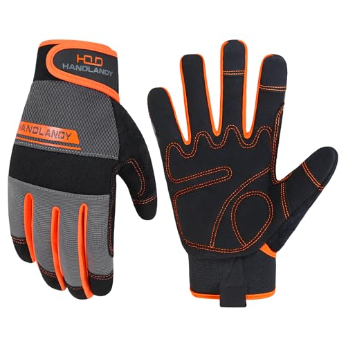 HANDLANDY Work Gloves Mens & Women, Utility Safety Mechanic Working Gloves Touch Screen, Flexible Breathable Yard Work Gloves (Large, Orange) - color: Orange (1 Pair), size: Large