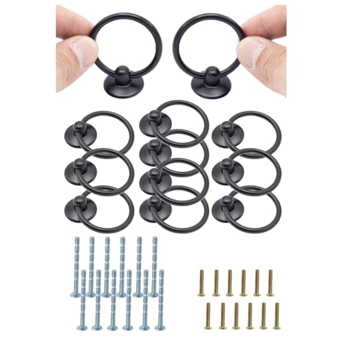 12pcs Black Round Ring Cabinet Drawer Pulls, Zinc Alloy Handles, Single Hole Dresser Pulls Knobs, Black Handles Hardware - color: 12pcs Black