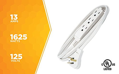 Woods Slimline Indoor Flat Extension Cord,8 Ft,16 Gauge Right Angle Plug,3 Polarized Outlets,125 Volts,White,2241,(Pack of 6) - size: 8 Foot (Pack of 6)