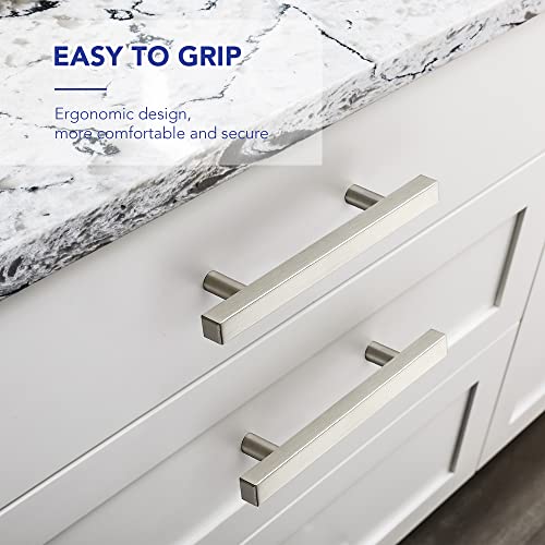 10 Pack Brushed Nickel Cabinet Handles with 3-3/4 Inch (96 mm) Hole Center, Square Kitchen Hardware for Cabinets & Drawers, Stainless Steel Pulls, 6 Inch Overall Length - color: Brushed Nickel Square T-Shaped, size: 3-3/4" Hole Center