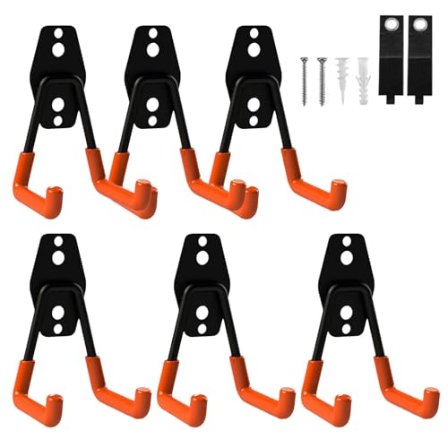 Garage Hooks Heavy Duty, 6 Pack Small Square Steel Garage Storage Hooks with Anti-Slip Coating, Multi-Purpose Ladder Hooks for Hanging Garden Tools, Hoses, Bikes and Folding Chairs (Orange) - color: Orange, size: 6pack-Small Square