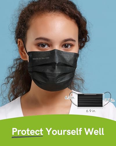 FriCARE Made in USA Disposable Face Masks, 4-Ply ASTM Level 3 Medical Grade, Breathable & Comfortable for Adult Daily Work/Sun Protection, 50 Pack Black