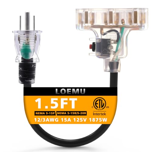 12 Gauge Extension Cord 1.5 ft, NEMA 5-15P to 5-20R x3, Heavy-Duty Extension Cord with Multiple Outlets/Circuit Breaker/Lighted End, 15A 12AWG 1875W SJTW, Great for Tools, Home Appliances - size: 1.5FT, style: NEMA 5-15P to 5-15R/5-20R