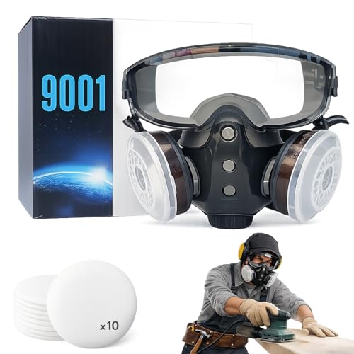 Full Face Respirator with Goggles, Reusable Paint Mask with 10 Filters for Spray Painting, Grinding & Woodworking - color: 9001