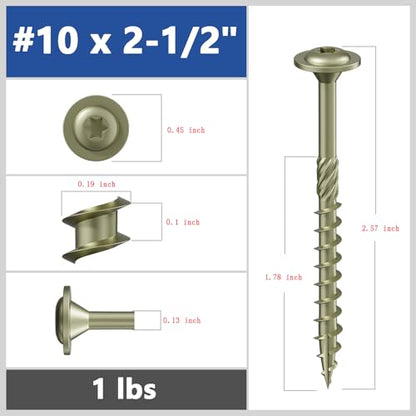 Wensilon (1 lbs)#10 x 2-1/2" Yellow Lag Screws, Structural Wood Screw, Heavy Duty Construction Screw, Rust Resistant, Washer Head, Black Coated Exterior Wood Screws, Star Drive with Bit - color: Yellow, size: #10 x 2-1/2"