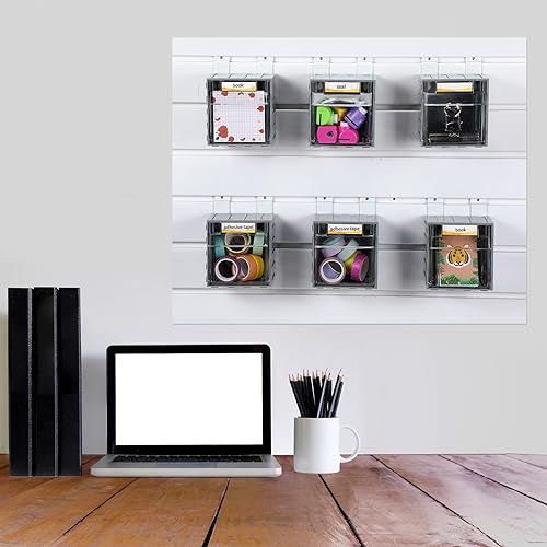 Huwena 6 Pack Slatwall Bins with Hooks Set Tilt out Bins Storage Cabinet Slatwall Tip out Bin with Labels Wall Mount Container Hanging Storage Organizer Accessories for Garage Work Room Panel Hardware