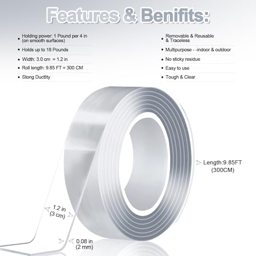Nano Double Sided Tape Heavy Duty, 9.85FT Multipurpose Strong Mounting Tape, Reusable Removable Washable Traceless Gel Grip Adhesive for Carpet, Poster Sticky Wall, Home, Office Decor. - size: Length:9.85 FT - Width:1.2inches
