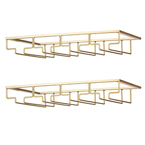 FOMANSH Wine Glass Rack - Under Cabinet Stemware Wine Glass Holder Glasses Storage Hanger 2 Pack Metal Organizer for Bar Kitchen Gold - color: Gold, size: 3 Rows 2 Packs