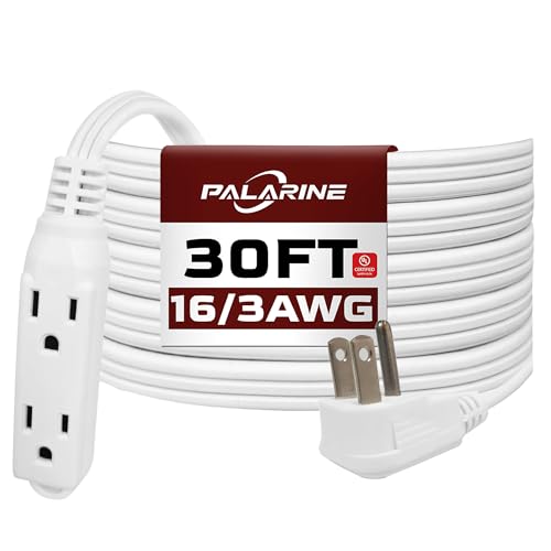 Flat Plug Extension Cord with 3 Outlets Extender, Indoor Extension Cord Flat Plug Power Strip 16 Gauge 30FT White 3 Prong, 16/3 SPT-3 13A, UL Listed - color: White, size: 30 Ft