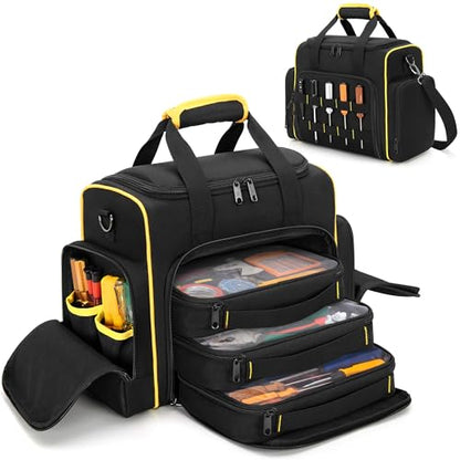 Marscamd Tool Bag with 3 Removable Cases, 2 Layers Tool Tote for Hand Tools, Black with Yellow Binding - color: Black with Yellow Binding