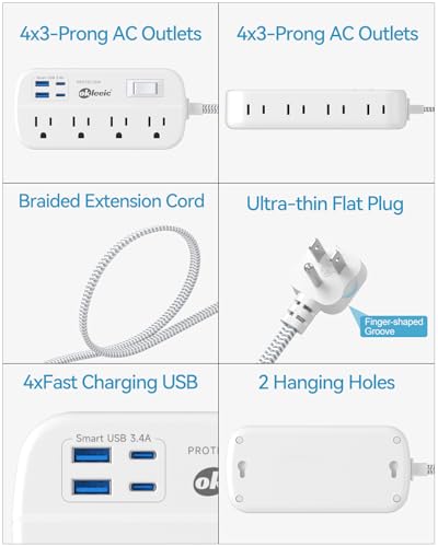 Power Strip with USB, 5Ft Travel Power Strip Surge Protector with 8 Outlets 4 USB(3.4A/17W) Charging Station, 13A/1625W 3 Prong Small Extension Cord Outlet Splitter, Wall Mount for Travel Office Dorm - size: 5 FT, style: 8AC+2U2C