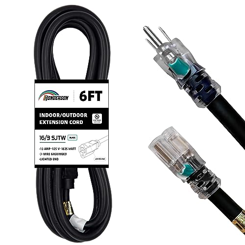 Indoor Outdoor Extension Cord Weatherproof with Lighted End, UL Certified, 16 Gauge 6FT Black 3 Prong Heavy Duty, 16/3 SJTW 13A Power Cord for Outdoor Lights, Lawn - size: 6ft, style: 16/3
