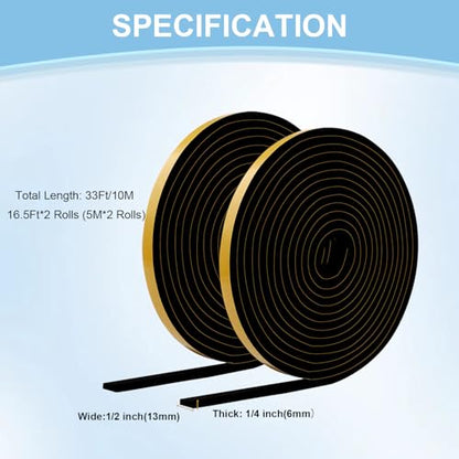33Ft Weather Stripping Door Seal Strip, Strong Adhesive, Noise-Reduction, Weatherproof Foam Tape Insulation Weather Stripping Door Seal Foam Tape for Doors Windows 1/2 in Wide x 1/4 in Thick - size: 33FT-Black