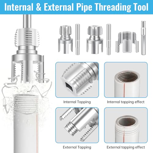3PCS Integrated Internal & External Pipe Threader Tool for Electric Drill, NPT Thread Maker 1/2", 3/4", 1" with 2 Rolls PTFE Tape, PVC Plastic Pipe Threading Kit for Plumbing and Home Repairs