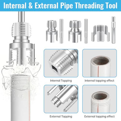 3PCS Integrated Internal & External Pipe Threader Tool for Electric Drill, NPT Thread Maker 1/2", 3/4", 1" with 2 Rolls PTFE Tape, PVC Plastic Pipe Threading Kit for Plumbing and Home Repairs
