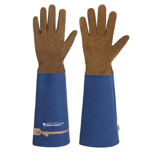 HANDLANDY Long Gardening Gloves for Men & Women, Pigskin Leather Rose Pruning Gloves, Breathable Thorn Proof Gauntlet Glove (Blue, S) - color: Blue, size: Small (Pack of 1)