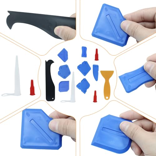 Waziaqoc 12 PCS Caulking Tool, Sealant Finishing Grout Tools Kit, Hand Caulk Removal Tool, Caulk Skirting Boards & Base Boards Replaceable Pads for Bathroom Kitchen Sealing