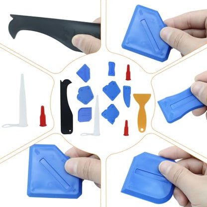 Waziaqoc 12 PCS Caulking Tool, Sealant Finishing Grout Tools Kit, Hand Caulk Removal Tool, Caulk Skirting Boards & Base Boards Replaceable Pads for Bathroom Kitchen Sealing