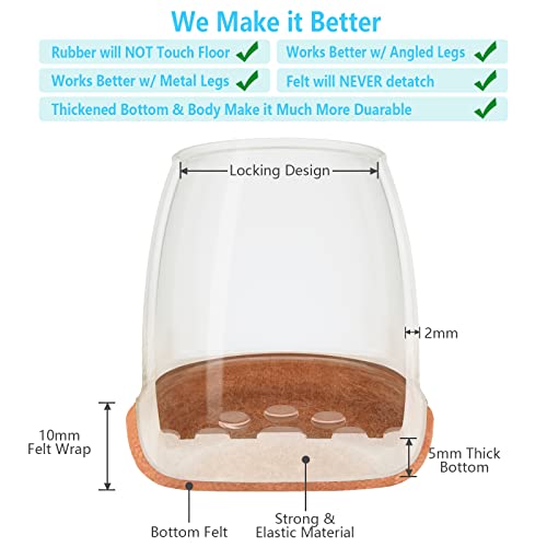 16 Pack Chair Leg Floor Protectors for Hardwood Floors, Round Rubber Furniture Sliders, 360°Felt Pad Bottom Wrapped Thickening Silicone Furniture Legs Caps Covers(Square,Clear-Brown-S) - size: Transparent-S