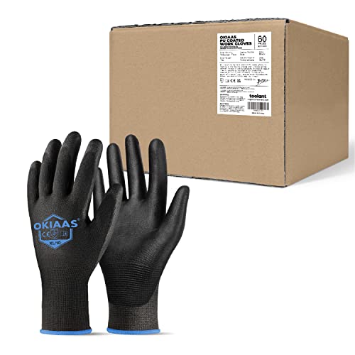 OKIAAS Work Gloves for Men - Ultra Thin and Lightweight With Grip, Bulk Case of 60 Pairs, Polyurethane Coating for Construction and Light Duty Work (Black, X-Large) - color: Black (60 Pairs), size: X-Large