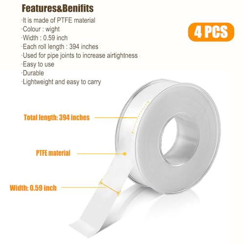 4 Rolls 1/2 Inch(W) X 32.8 Ft(L) Teflon Plumbers Tape,Pipe Sealing & Plumbing Thread Tape, Water Sealant Seal for Shower Head, White