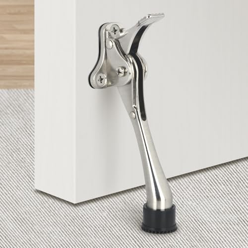 6 Inch Kick Down Door Stoppers with Non-Slip Rubber Tip, One Touch Heavy Duty Bottom Holder, Adjustable Metal Door Stop, Brushed Nickel - color: Silver, size: 6 Inch x 1 Pack