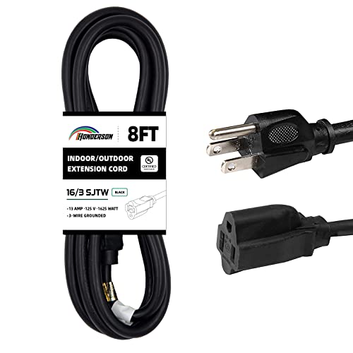 8FT Outdoor Extension Cord-16/3 SJTW Durable Black 3 Prong Grounded Plug Power Cord for Safety,Great for Outside Christmas Decorations - color: Black, size: 8FT
