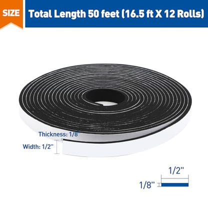 MAGZO Door Weather Stripping, 1/2 Inch W X 1/8 Inch T X 198 Ft Total Weatherstripping Foam Tape Soudproof for Windows 16.5 ft X 12 Rolls, Black - size: 1/2in * 1/8in * 198FT