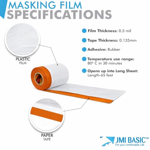 Pre-Taped Masking Film Sets - 1 Roll, Orange Tape and Drape Painters Plastic Sheeting for Painting, High Visibility Paint Plastic Covering Overspray Protection - 65 Feet (1, 94 Inch) - size: 94 Inch