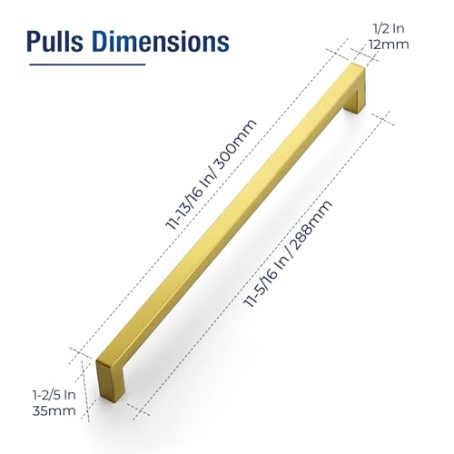 JOY DECOR 2 Pack Gold Cabinet Handles, 11-1/3 Inch Hole Center Cabinet Pulls – Square Stainless Steel Kitchen Knobs for Drawers, Dressers, Cupboards & Vanities - size: 11-1/3 Inch Hole Center