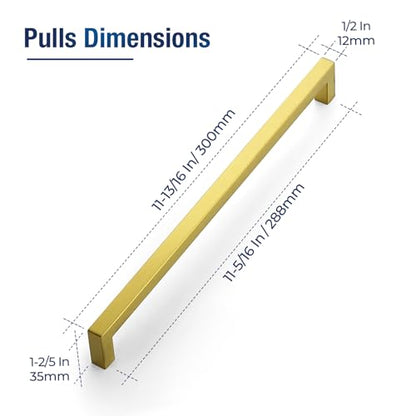 JOY DECOR 2 Pack Gold Cabinet Handles, 11-1/3 Inch Hole Center Cabinet Pulls – Square Stainless Steel Kitchen Knobs for Drawers, Dressers, Cupboards & Vanities - size: 11-1/3 Inch Hole Center