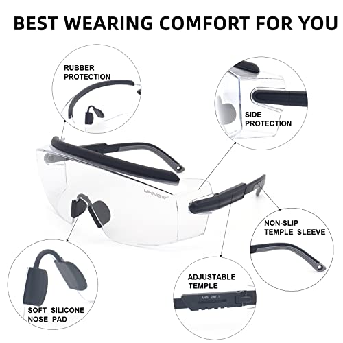 UKNOW Safety Goggles Over Glasses, Anti Fog Safety Glasses with Clear Wraparound Lens, ANSI Z87.1 Protective Eyewear - color: Black