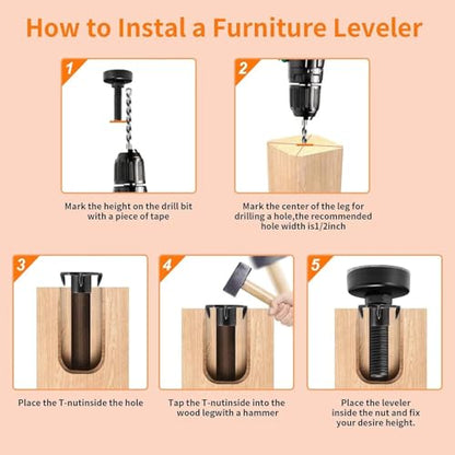 Heavy Duty Furniture Leveling Feet Adjustable Leg Levelers for Tables Chairs Cabinets Sofa, T- Nut Kit 3/8”-16 Thread, Large Base （4 Pack,Black）