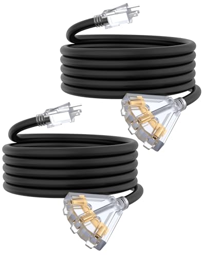 15Ft 12 Gauge Outdoor Extension Cord with 3-Outlets, 2 Pack, Heavy Duty 3 Prong Extension Cord Waterproof with Lighted end, 15A SJTW, ETL Listed, Black - color: Black, size: 15FT 2PACK