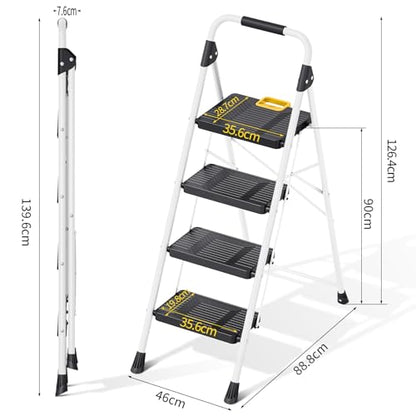 KINGRACK 4 Step Folding Ladder, 800lbs Capacity Step Stool with Safety Lock, Non-Skid Wide Pedals, and Handrail, Lightweight, Household Ladder for Home, Kitchen, Pantry, Closets, and Office Use, White - size: 4-STEP